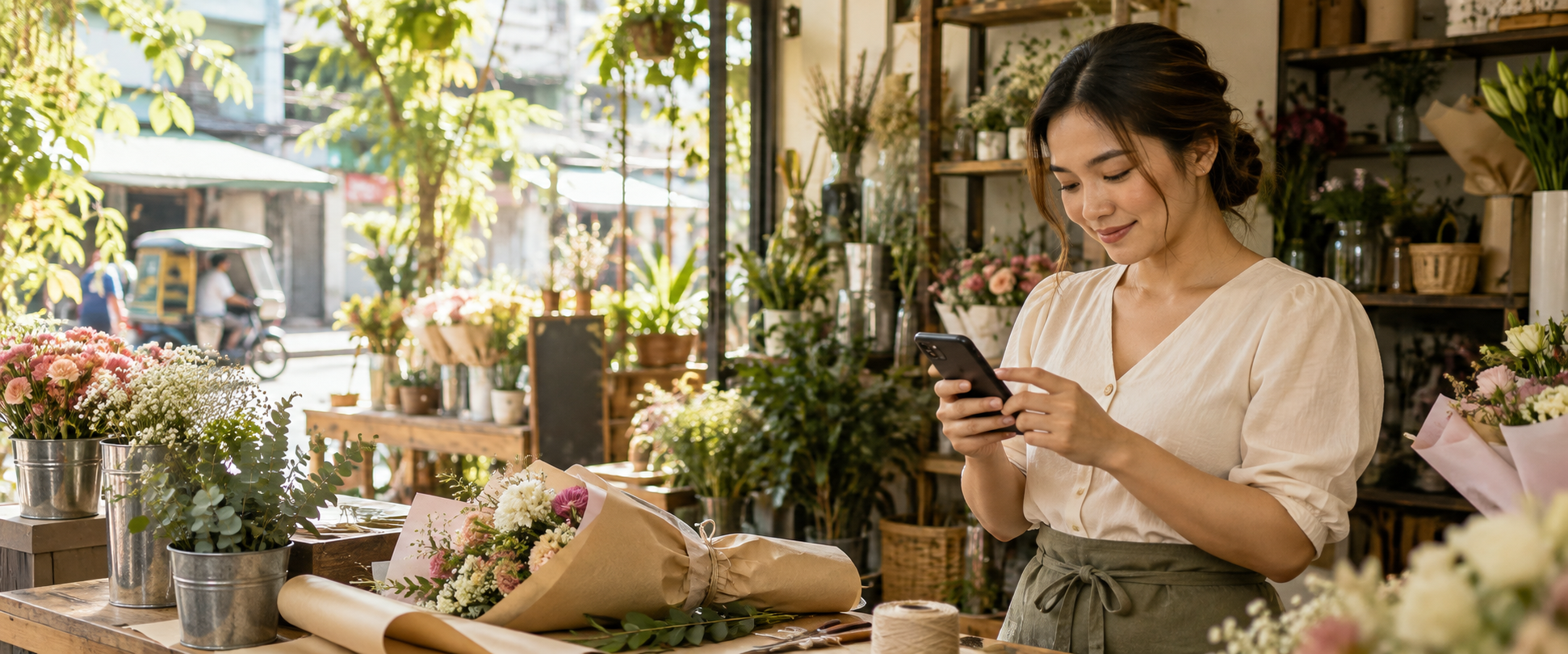 Filipino small-business owner using her phone at her shop